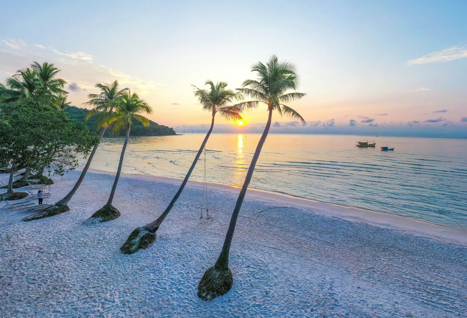 Lutande kokospalmer på den vita sandstranden Bai Sao på Phu Quoc när solen står lågt